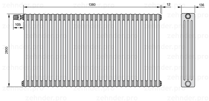 Схема (чертеж) Радиатор Zehnder Charleston 4280/30 №V012 Белый глянцевый RAL 9016